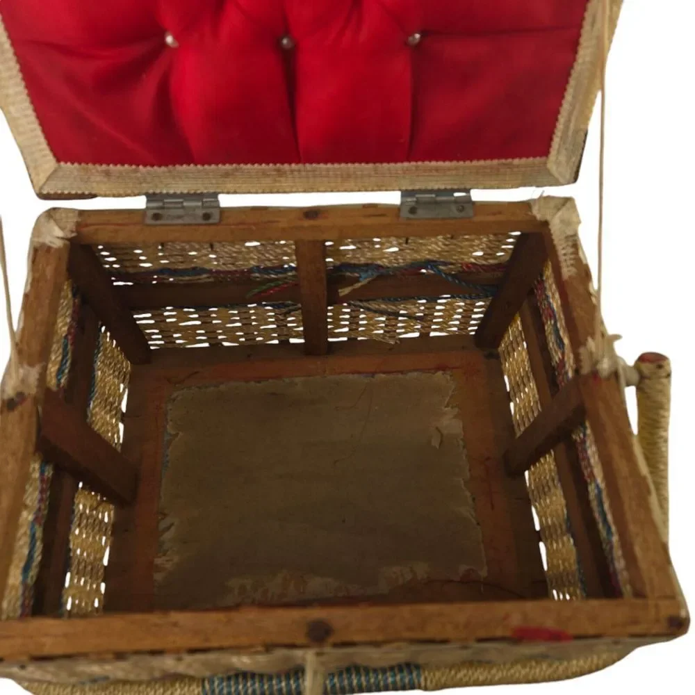 Vintage Sewing Basket with Handle Woven Asian Motif Fabric‎ Top Box 8 x 10.5 x 7